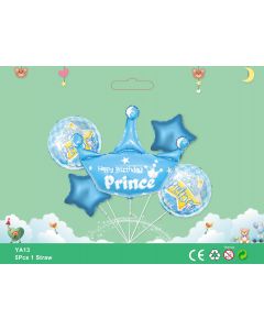 Happy Birthday Prince Blue Crown Theme Balloon Bouquet 5pcs Foil YA13
